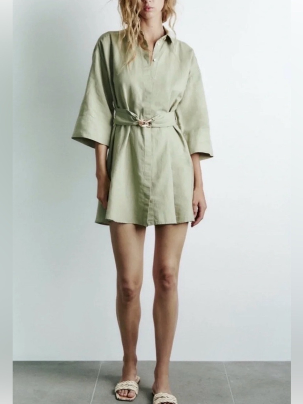 Sage Green linen Zara dress with belt